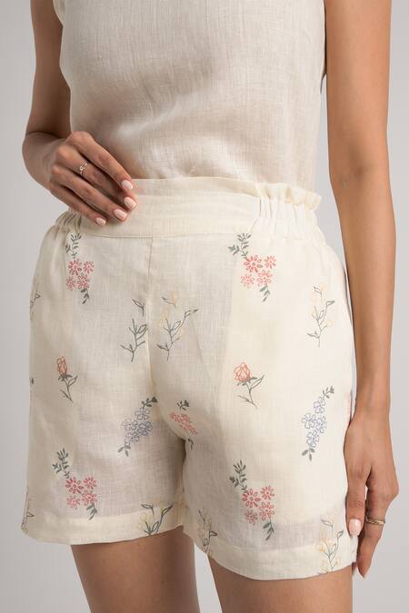 Kaveri_Off White Open Neck Floral Print Kaftan And Shorts Set _at_Aza_Fashions