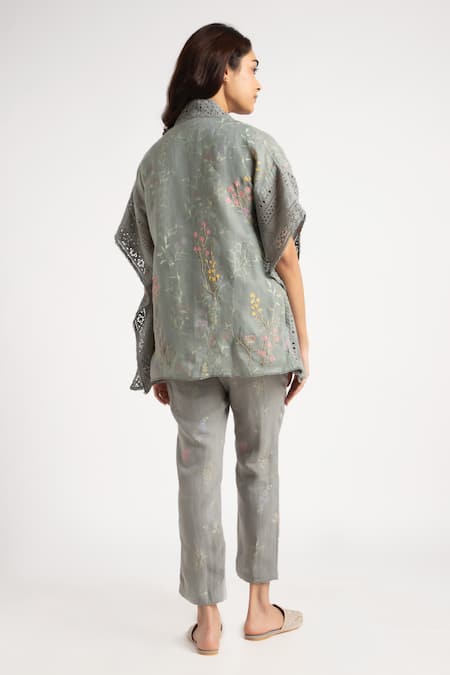 Shop Kaveri Green Linen Embroidery Open Walk In The Clouds Floral Pattern Kaftan And Pant Set at Aza Fashions Shop_Kaveri_Green Linen Embroidery Open Walk In The Clouds Floral Pattern Kaftan And Pant Set _at_Aza_Fashions