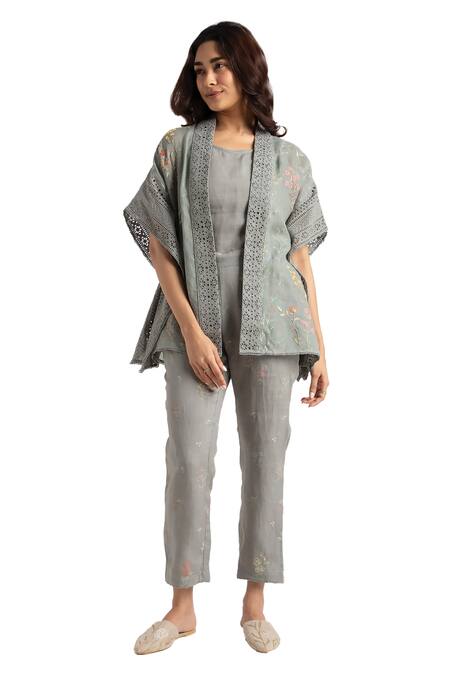 Kaveri Green Linen Embroidery Open Walk In The Clouds Floral Pattern Kaftan And Pant Set Online at Aza Fashions Kaveri_Green Linen Embroidery Open Walk In The Clouds Floral Pattern Kaftan And Pant Set _Online_at_Aza_Fashions