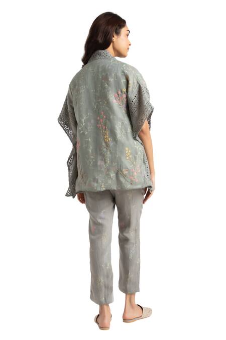 Shop Kaveri Green Linen Embroidery Open Walk In The Clouds Floral Pattern Kaftan And Pant Set Online at Aza Fashions Shop_Kaveri_Green Linen Embroidery Open Walk In The Clouds Floral Pattern Kaftan And Pant Set _Online_at_Aza_Fashions