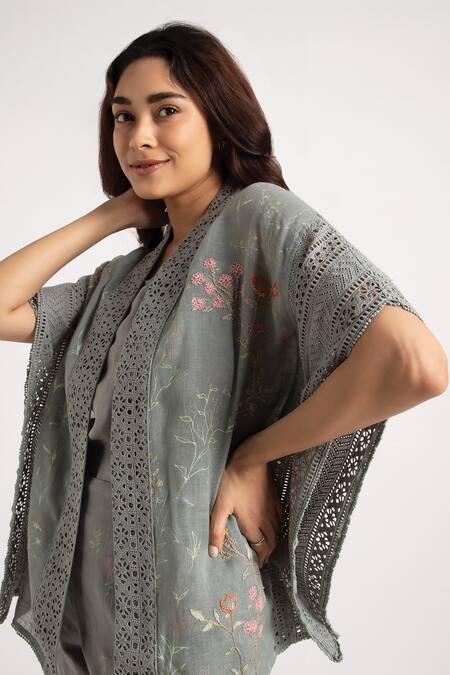 Kaveri Green Linen Embroidery Open Walk In The Clouds Floral Pattern Kaftan And Pant Set at Aza Fashions Kaveri_Green Linen Embroidery Open Walk In The Clouds Floral Pattern Kaftan And Pant Set _at_Aza_Fashions