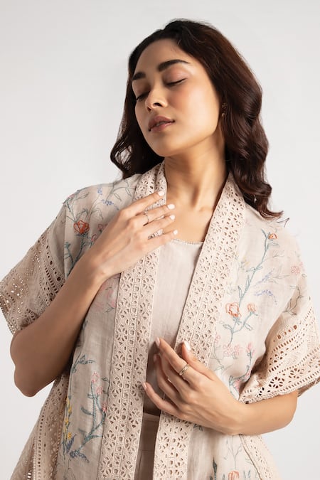 Kaveri_Beige Linen Embroidery Walk In The Clouds Floral Pattern Kaftan And Shorts Set _Online_at_Aza_Fashions