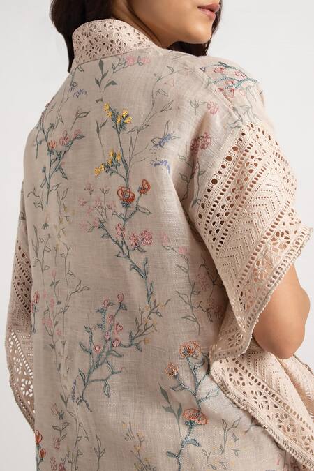 Shop_Kaveri_Beige Linen Embroidery Walk In The Clouds Floral Pattern Kaftan And Shorts Set _Online_at_Aza_Fashions
