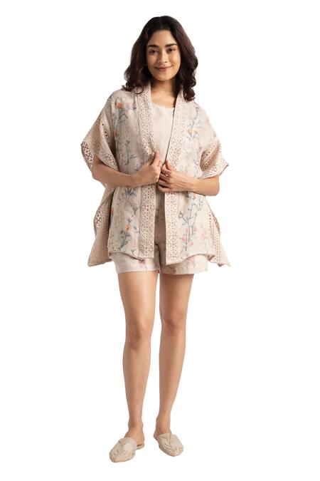 Kaveri_Beige Linen Embroidery Walk In The Clouds Floral Pattern Kaftan And Shorts Set _at_Aza_Fashions