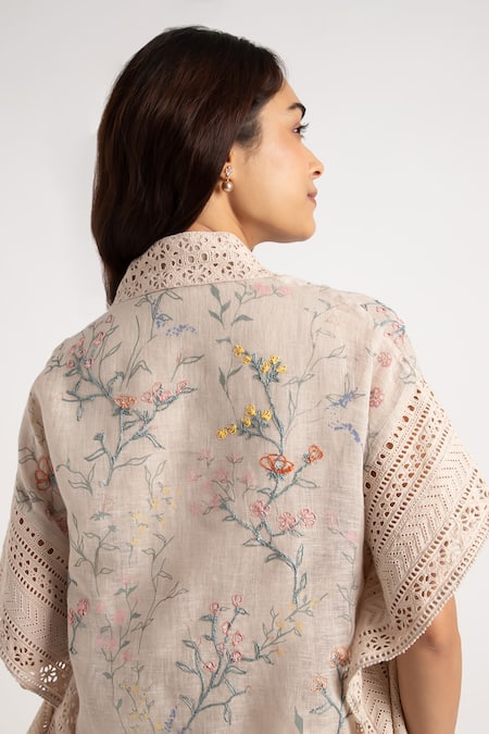 Shop Kaveri Beige Linen Open Neck Floral Hand Screen Printed Kaftan Set at Aza Fashions Shop_Kaveri_Beige Linen Open Neck Floral Hand Screen Printed Kaftan Set _at_Aza_Fashions