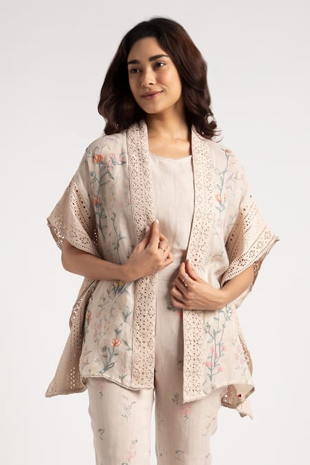 Kaveri Beige Linen Open Neck Floral Hand Screen Printed Kaftan Set Online at Aza Fashions Kaveri_Beige Linen Open Neck Floral Hand Screen Printed Kaftan Set _Online_at_Aza_Fashions