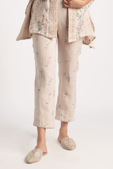 Buy Kaveri Beige Linen Open Neck Floral Hand Screen Printed Kaftan Set Online at Aza Fashions Buy_Kaveri_Beige Linen Open Neck Floral Hand Screen Printed Kaftan Set _Online_at_Aza_Fashions