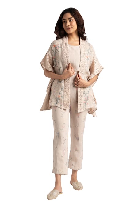Shop Kaveri Beige Linen Open Neck Floral Hand Screen Printed Kaftan Set Online at Aza Fashions Shop_Kaveri_Beige Linen Open Neck Floral Hand Screen Printed Kaftan Set _Online_at_Aza_Fashions