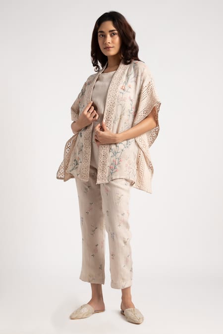 Kaveri Beige Linen Open Neck Floral Hand Screen Printed Kaftan Set at Aza Fashions Kaveri_Beige Linen Open Neck Floral Hand Screen Printed Kaftan Set _at_Aza_Fashions
