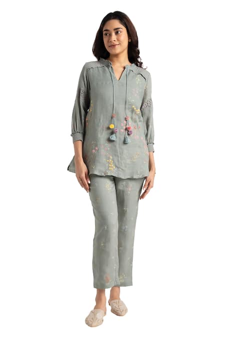 Buy_Kaveri_Green 100% Linen Hand Walk In The Clouds Karma Top And Pant Set  _Online_at_Aza_Fashions