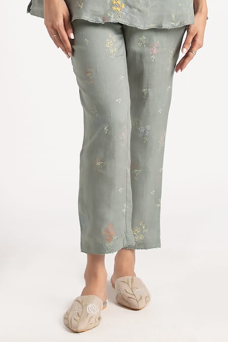 Shop_Kaveri_Green 100% Linen Hand Walk In The Clouds Karma Top And Pant Set  _Online_at_Aza_Fashions