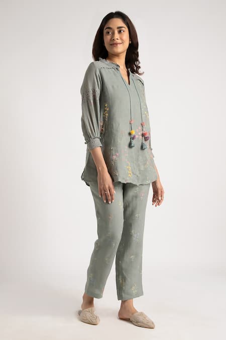 Kaveri_Green 100% Linen Hand Walk In The Clouds Karma Top And Pant Set  _at_Aza_Fashions