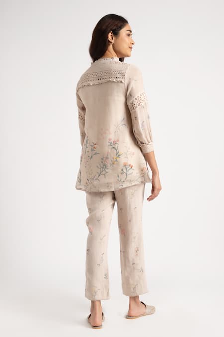 Shop Kaveri Beige 100% Linen Hand Walk In The Clouds Karma Pattern Top And Pant Set at Aza Fashions Shop_Kaveri_Beige 100% Linen Hand Walk In The Clouds Karma Pattern Top And Pant Set _at_Aza_Fashions