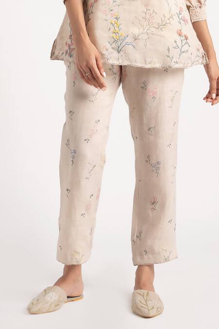 Kaveri Beige 100% Linen Hand Walk In The Clouds Karma Pattern Top And Pant Set Online at Aza Fashions Kaveri_Beige 100% Linen Hand Walk In The Clouds Karma Pattern Top And Pant Set _Online_at_Aza_Fashions
