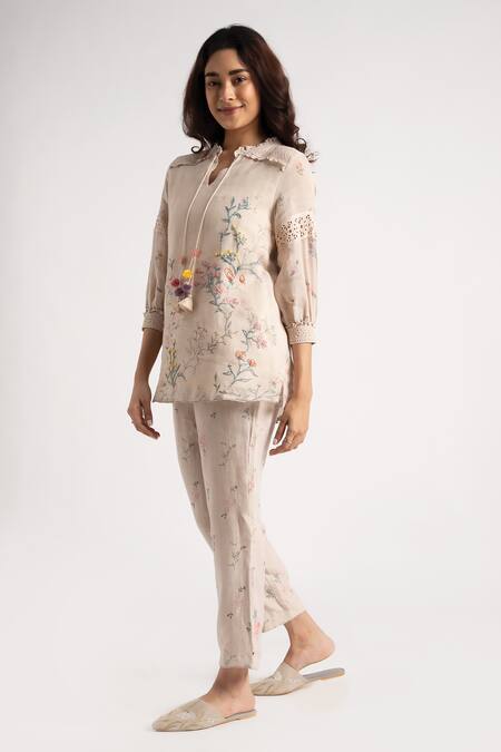 Buy Kaveri Beige 100% Linen Hand Walk In The Clouds Karma Pattern Top And Pant Set Online at Aza Fashions Buy_Kaveri_Beige 100% Linen Hand Walk In The Clouds Karma Pattern Top And Pant Set _Online_at_Aza_Fashions