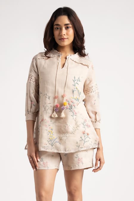 Kaveri_Beige 100% Linen Hand Walk In The Clouds Karma Top And Shorts Set  _Online_at_Aza_Fashions
