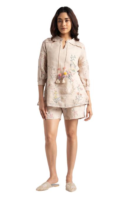 Buy_Kaveri_Beige 100% Linen Hand Walk In The Clouds Karma Top And Shorts Set  _Online_at_Aza_Fashions