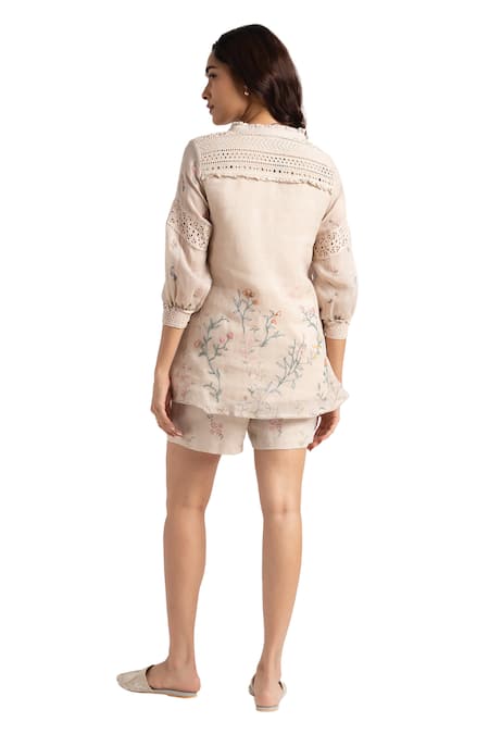 Shop_Kaveri_Beige 100% Linen Hand Walk In The Clouds Karma Top And Shorts Set  _Online_at_Aza_Fashions