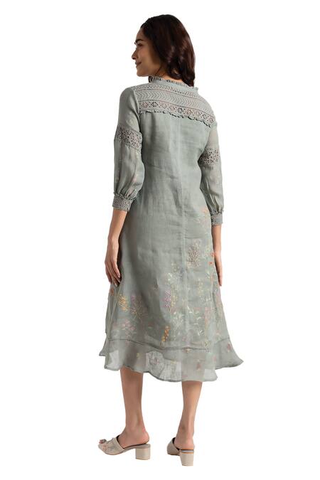 Kaveri Green Linen Embroidery Round Neck Walk In The Clouds Karma Floral Print Dress Online at Aza Fashions Kaveri_Green Linen Embroidery Round Neck Walk In The Clouds Karma Floral Print Dress _Online_at_Aza_Fashions