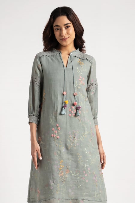 Buy Kaveri Green Linen Embroidery Round Neck Walk In The Clouds Karma Floral Print Dress Online at Aza Fashions Buy_Kaveri_Green Linen Embroidery Round Neck Walk In The Clouds Karma Floral Print Dress _Online_at_Aza_Fashions