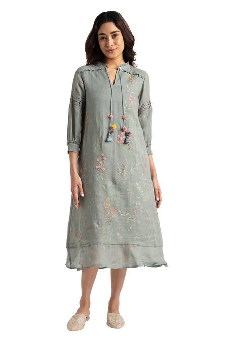 Shop Kaveri Green Linen Embroidery Round Neck Walk In The Clouds Karma Floral Print Dress Online at Aza Fashions Shop_Kaveri_Green Linen Embroidery Round Neck Walk In The Clouds Karma Floral Print Dress _Online_at_Aza_Fashions