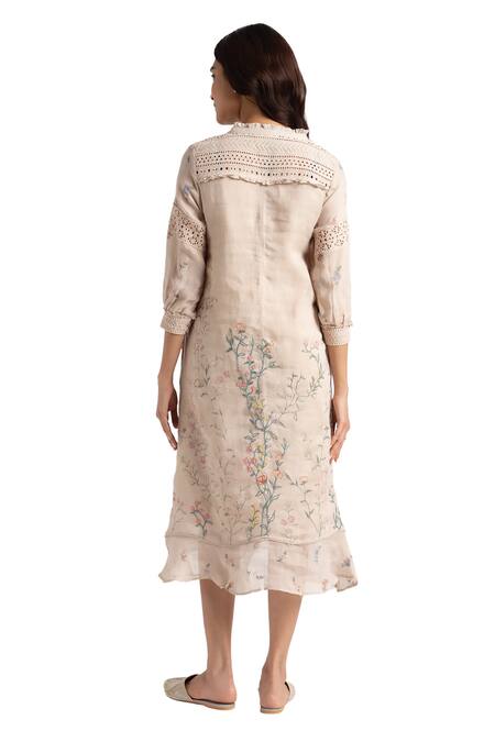Kaveri Beige Linen Embroidery Open Neck Walk In The Clouds Karma Floral Pattern Dress Online at Aza Fashions Kaveri_Beige Linen Embroidery Open Neck Walk In The Clouds Karma Floral Pattern Dress _Online_at_Aza_Fashions