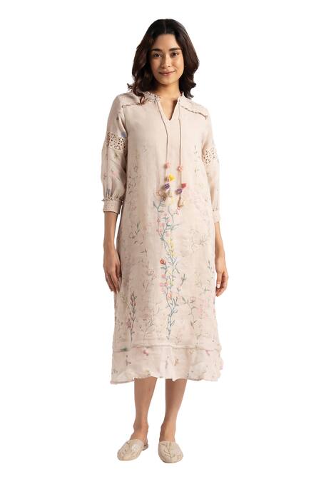 Buy Kaveri Beige Linen Embroidery Open Neck Walk In The Clouds Karma Floral Pattern Dress Online at Aza Fashions Buy_Kaveri_Beige Linen Embroidery Open Neck Walk In The Clouds Karma Floral Pattern Dress _Online_at_Aza_Fashions
