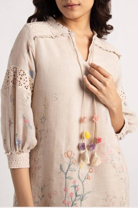 Shop Kaveri Beige Linen Embroidery Open Neck Walk In The Clouds Karma Floral Pattern Dress Online at Aza Fashions Shop_Kaveri_Beige Linen Embroidery Open Neck Walk In The Clouds Karma Floral Pattern Dress _Online_at_Aza_Fashions