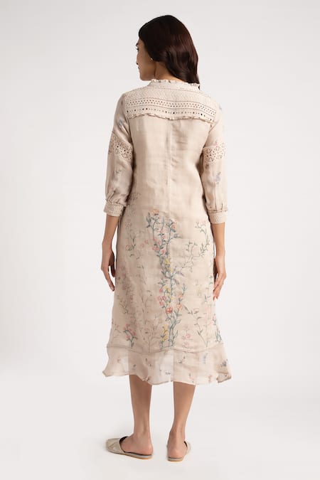 Shop Kaveri Beige Linen Embroidery Open Neck Walk In The Clouds Karma Floral Pattern Dress at Aza Fashions Shop_Kaveri_Beige Linen Embroidery Open Neck Walk In The Clouds Karma Floral Pattern Dress _at_Aza_Fashions