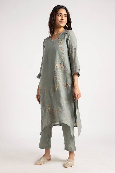 Kaveri Green Linen Embroidery Walk In The Clouds Fly Free Floral Print Kurta And Pant Set Online at Aza Fashions Kaveri_Green Linen Embroidery Walk In The Clouds Fly Free Floral Print Kurta And Pant Set _Online_at_Aza_Fashions