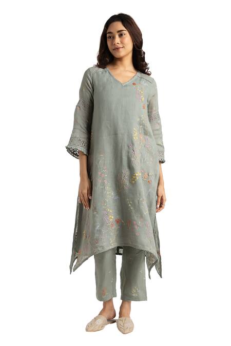 Buy Kaveri Green Linen Embroidery Walk In The Clouds Fly Free Floral Print Kurta And Pant Set Online at Aza Fashions Buy_Kaveri_Green Linen Embroidery Walk In The Clouds Fly Free Floral Print Kurta And Pant Set _Online_at_Aza_Fashions