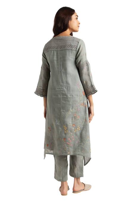 Shop Kaveri Green Linen Embroidery Walk In The Clouds Fly Free Floral Print Kurta And Pant Set Online at Aza Fashions Shop_Kaveri_Green Linen Embroidery Walk In The Clouds Fly Free Floral Print Kurta And Pant Set _Online_at_Aza_Fashions