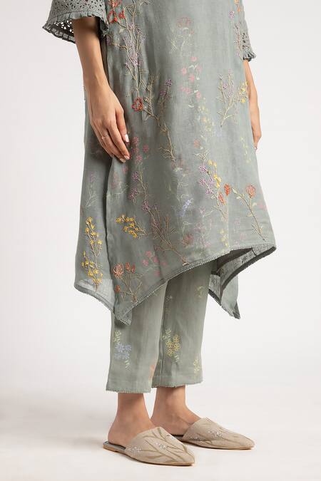 Buy Kaveri Green Linen Embroidery Walk In The Clouds Fly Free Floral Print Kurta And Pant Set Buy_Kaveri_Green Linen Embroidery Walk In The Clouds Fly Free Floral Print Kurta And Pant Set