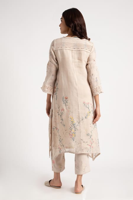 Shop Kaveri Beige Linen Walk In The Clouds Fly Free Floral Pattern Kurta And Pant Set at Aza Fashions Shop_Kaveri_Beige Linen Walk In The Clouds Fly Free Floral Pattern Kurta And Pant Set _at_Aza_Fashions