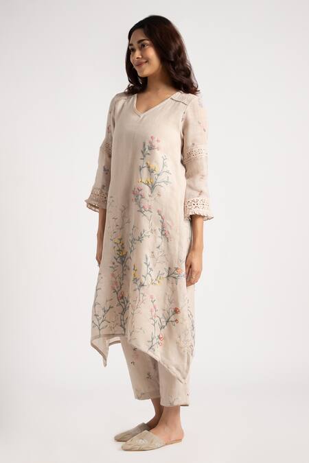 Buy Kaveri Beige Linen Walk In The Clouds Fly Free Floral Pattern Kurta And Pant Set Online at Aza Fashions Buy_Kaveri_Beige Linen Walk In The Clouds Fly Free Floral Pattern Kurta And Pant Set _Online_at_Aza_Fashions