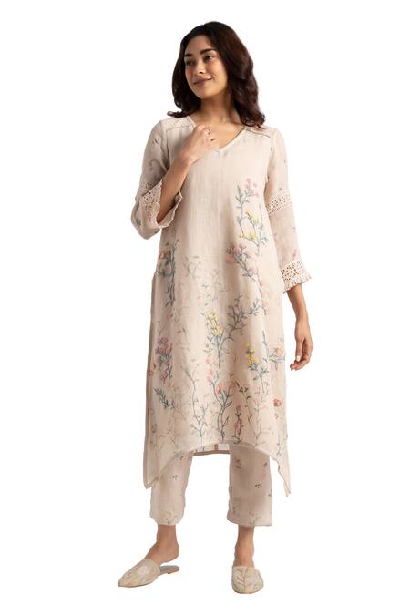 Shop Kaveri Beige Linen Walk In The Clouds Fly Free Floral Pattern Kurta And Pant Set Online at Aza Fashions Shop_Kaveri_Beige Linen Walk In The Clouds Fly Free Floral Pattern Kurta And Pant Set _Online_at_Aza_Fashions
