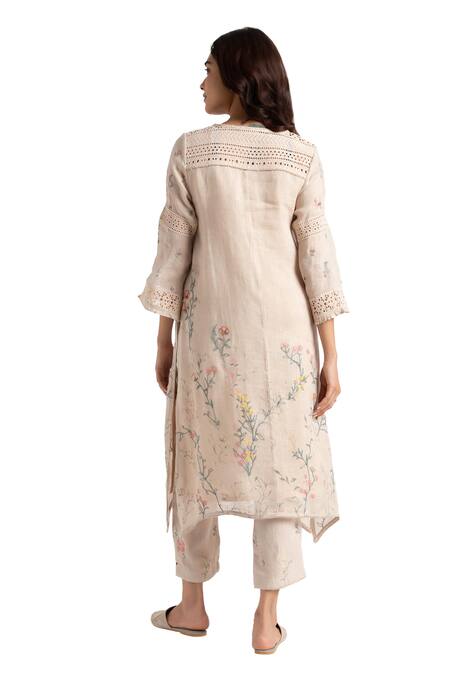 Kaveri Beige Linen Walk In The Clouds Fly Free Floral Pattern Kurta And Pant Set at Aza Fashions Kaveri_Beige Linen Walk In The Clouds Fly Free Floral Pattern Kurta And Pant Set _at_Aza_Fashions