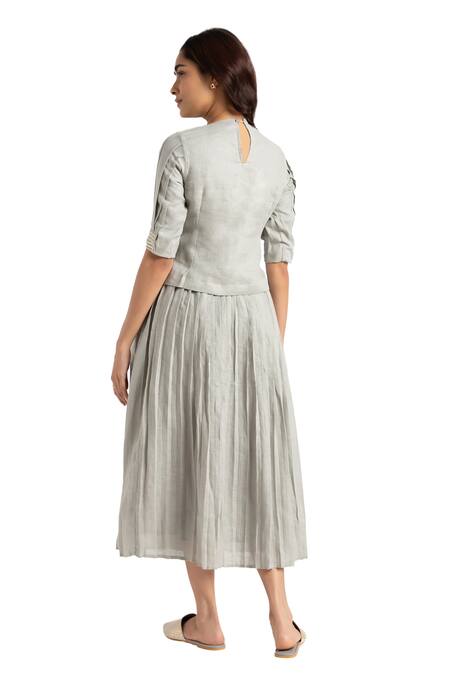 Kaveri_Green 100% Linen Hand Printed Illusion Shell Top And Skirt Set _Online_at_Aza_Fashions