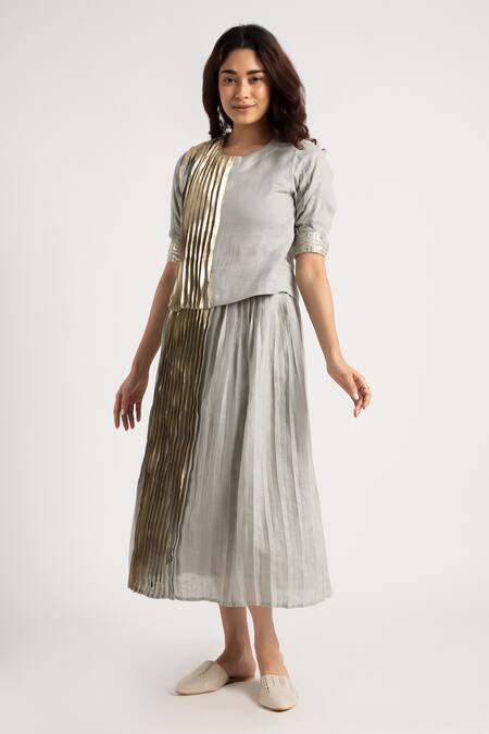 Buy_Kaveri_Green 100% Linen Hand Printed Illusion Shell Top And Skirt Set _Online_at_Aza_Fashions