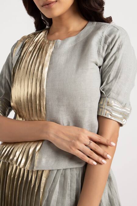 Buy_Kaveri_Green 100% Linen Hand Printed Illusion Shell Top And Skirt Set 