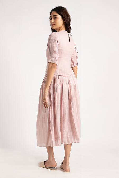 Shop Kaveri Pink 100% Linen Hand Screen Illusion Shell Pattern Top And Skirt Set at Aza Fashions Shop_Kaveri_Pink 100% Linen Hand Screen Illusion Shell Pattern Top And Skirt Set _at_Aza_Fashions