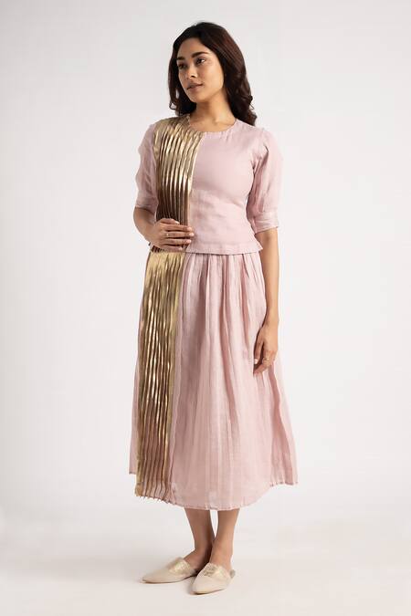 Shop Kaveri Pink 100% Linen Hand Screen Illusion Shell Pattern Top And Skirt Set Online at Aza Fashions Shop_Kaveri_Pink 100% Linen Hand Screen Illusion Shell Pattern Top And Skirt Set _Online_at_Aza_Fashions
