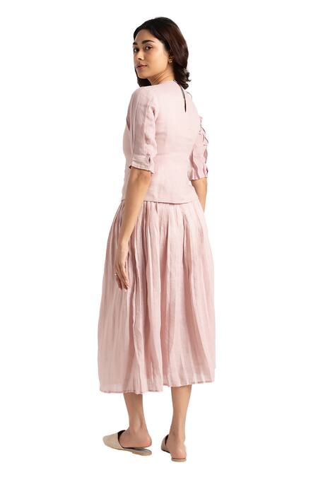 Kaveri Pink 100% Linen Hand Screen Illusion Shell Pattern Top And Skirt Set at Aza Fashions Kaveri_Pink 100% Linen Hand Screen Illusion Shell Pattern Top And Skirt Set _at_Aza_Fashions