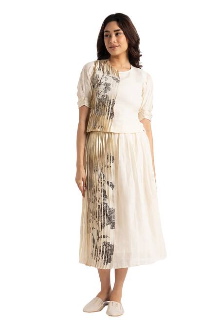 Shop_Kaveri_Off White 100% Linen Hand Screen Illusion Shell Top And Skirt Set _Online_at_Aza_Fashions