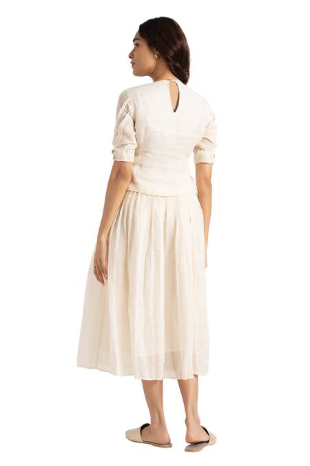 Kaveri_Off White 100% Linen Hand Screen Illusion Shell Top And Skirt Set _at_Aza_Fashions
