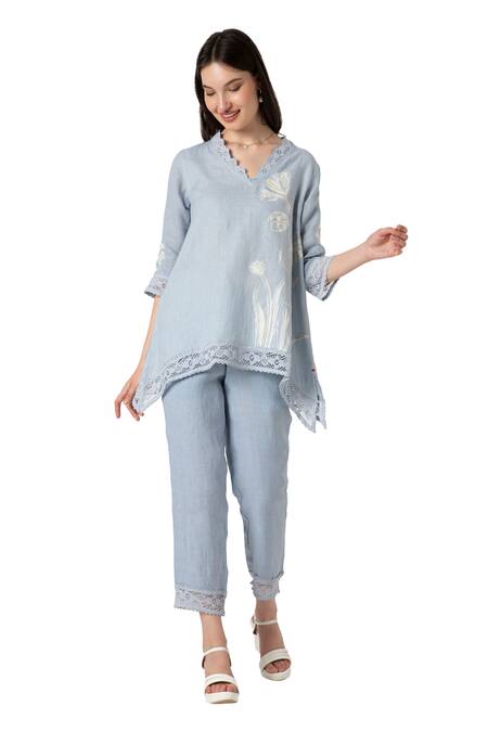 Kaveri Blue 100% Linen V Neck Floral Motif Top And Pant Set Online at Aza Fashions Kaveri_Blue 100% Linen V Neck Floral Motif Top And Pant Set _Online_at_Aza_Fashions