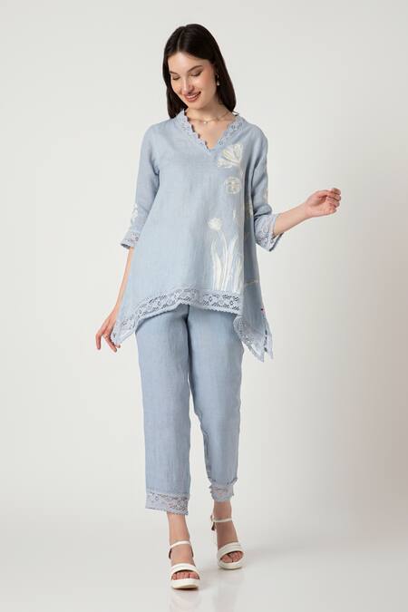 Buy Kaveri Blue 100% Linen V Neck Floral Motif Top And Pant Set Online at Aza Fashions Buy_Kaveri_Blue 100% Linen V Neck Floral Motif Top And Pant Set _Online_at_Aza_Fashions