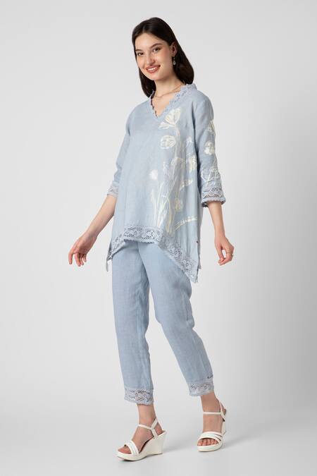 Shop Kaveri Blue 100% Linen V Neck Floral Motif Top And Pant Set Online at Aza Fashions Shop_Kaveri_Blue 100% Linen V Neck Floral Motif Top And Pant Set _Online_at_Aza_Fashions