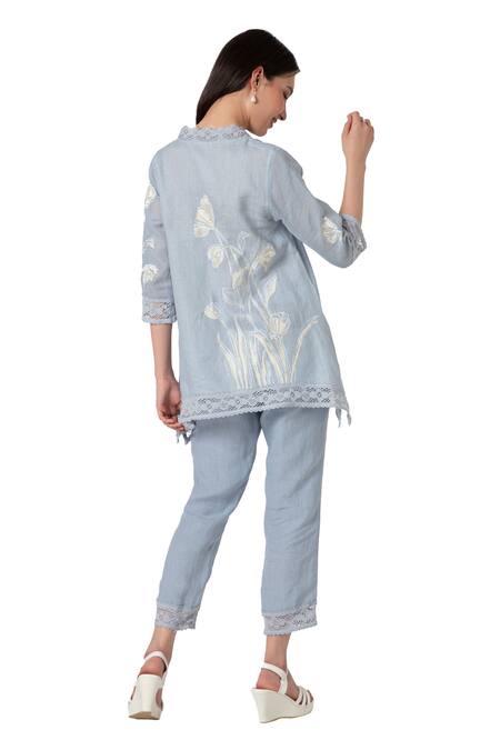 Kaveri Blue 100% Linen V Neck Floral Motif Top And Pant Set at Aza Fashions Kaveri_Blue 100% Linen V Neck Floral Motif Top And Pant Set _at_Aza_Fashions
