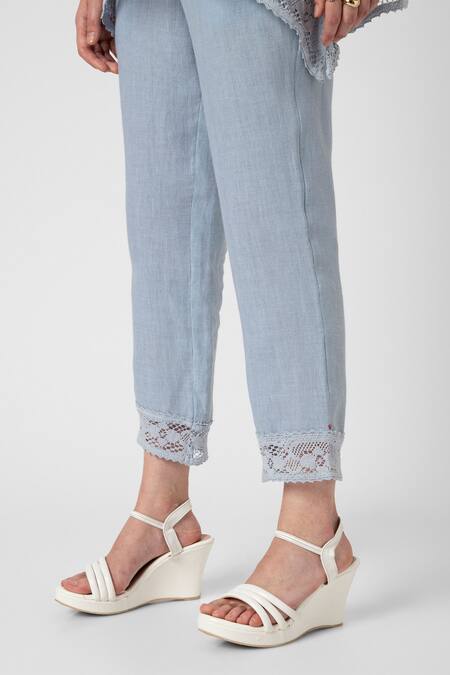 Shop Kaveri Blue 100% Linen V Neck Floral Motif Top And Pant Set Shop_Kaveri_Blue 100% Linen V Neck Floral Motif Top And Pant Set